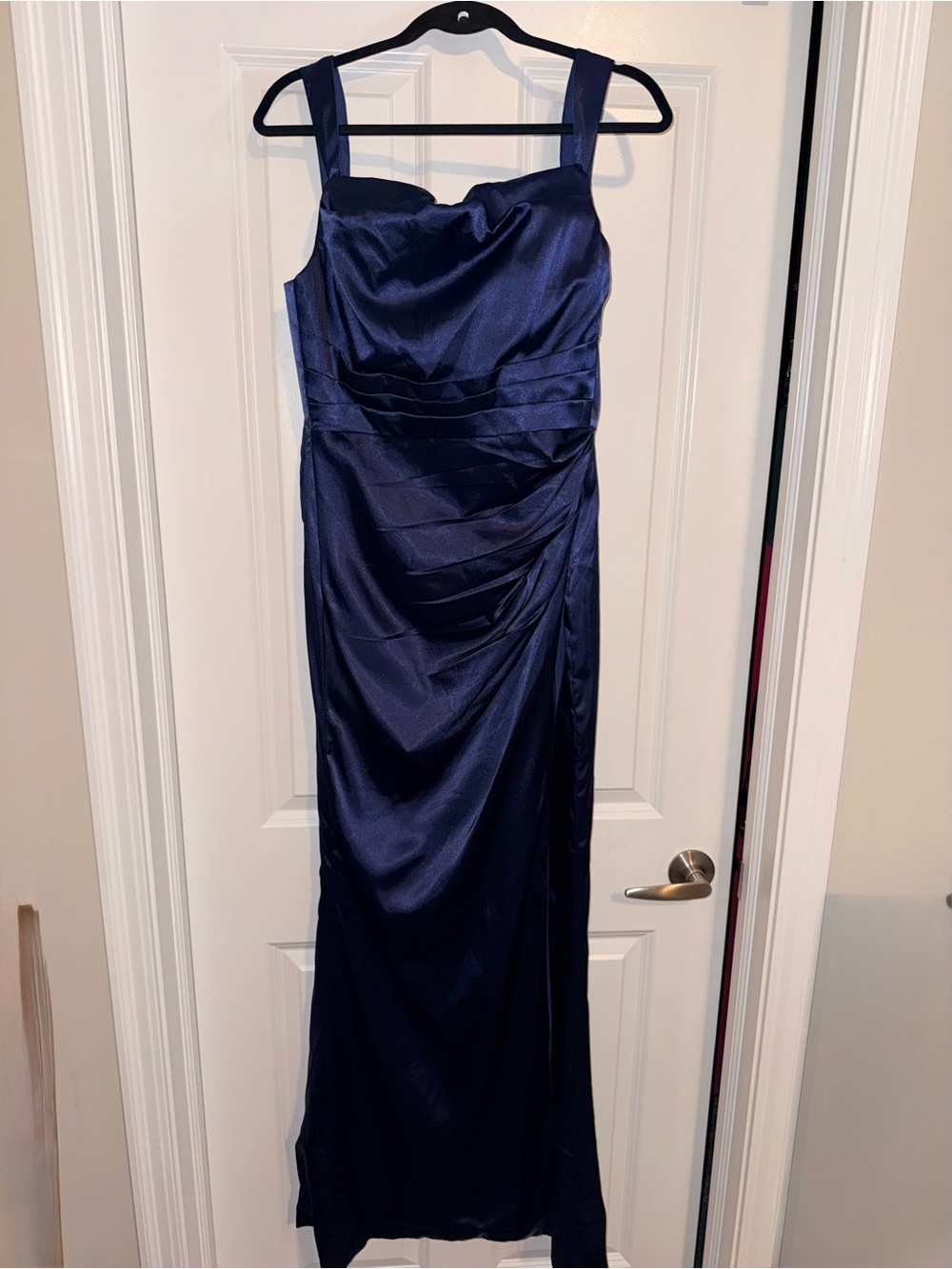 Navy Blue Satin Evening Dress with Wide Straps
